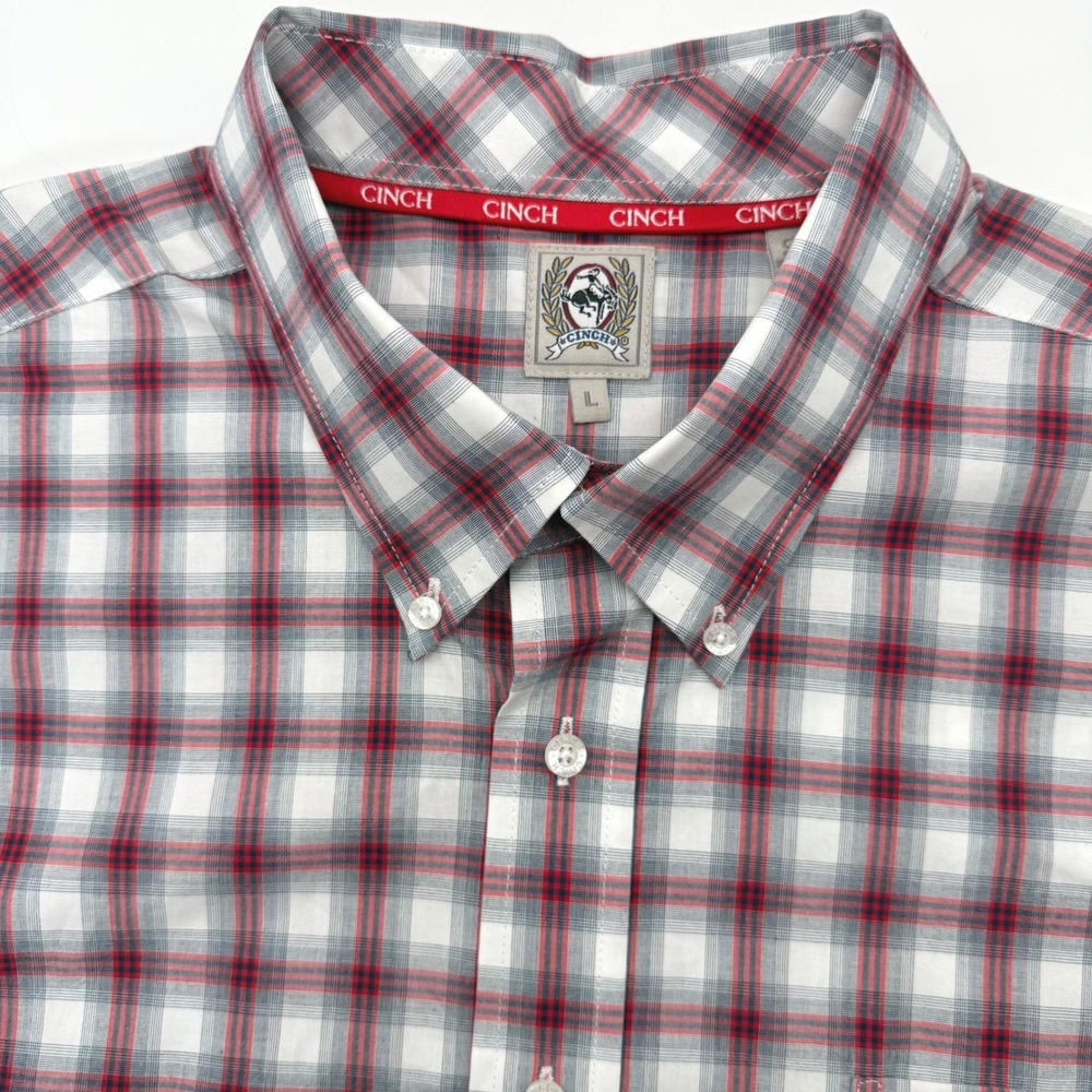 Cinch Button Down Mens L Red White Plaid Western Short Sleeve Western Shirt